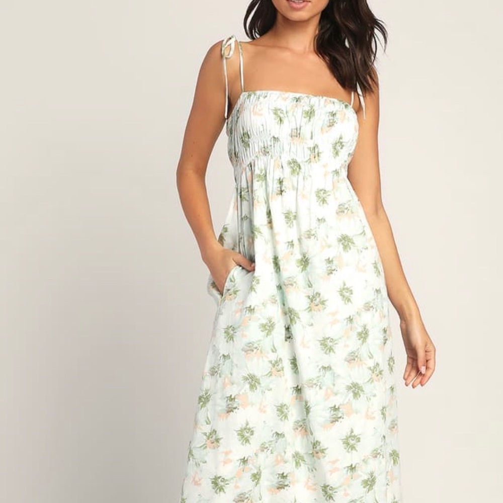 Lulus Green Floral Print Tie-Strap Midi Dress